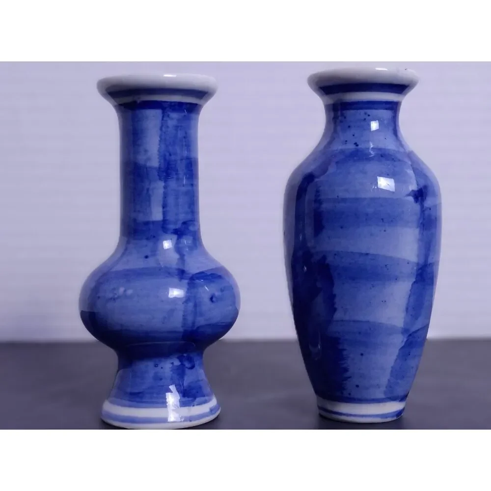 Vintage Set Of 2 Chinoiserie Cherry Blossom Chinese Mini Bud Vases Blue & White